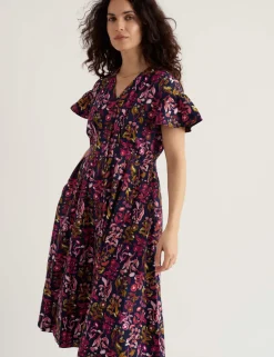 Pure Cotton Floral V-Neck Midi Tea Dress