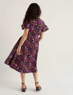 Pure Cotton Floral V-Neck Midi Tea Dress