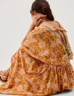 Pure Cotton Floral V-Neck Maxi Waisted Dress