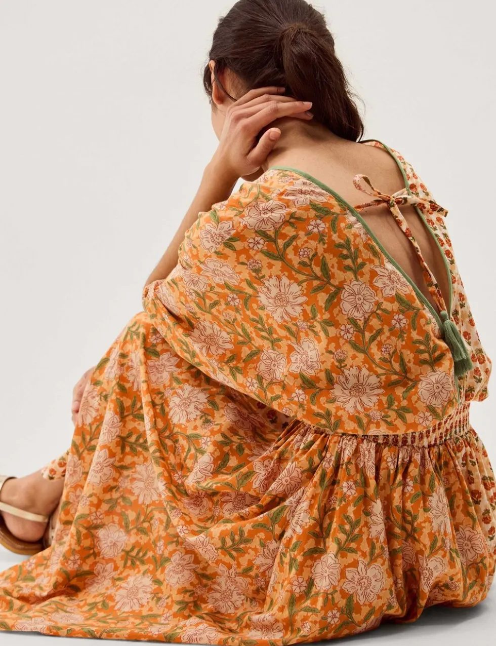 Pure Cotton Floral V-Neck Maxi Waisted Dress
