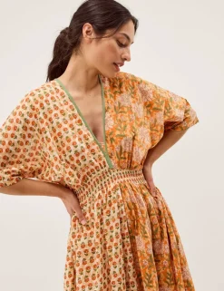 Pure Cotton Floral V-Neck Maxi Waisted Dress
