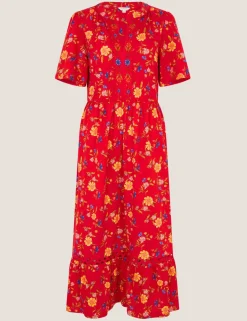 Pure Cotton Floral V-Neck Midi Waisted Dress