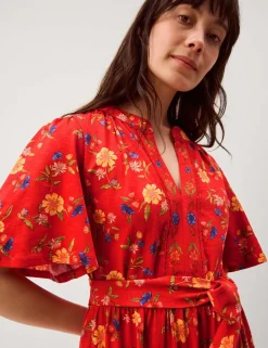 Pure Cotton Floral V-Neck Midi Waisted Dress