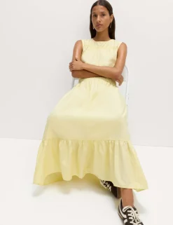 Pure Cotton Frill Hem Midaxi Waisted Dress