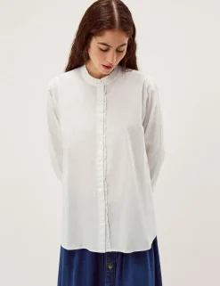Pure Cotton Frill Neck Button Through Shirt