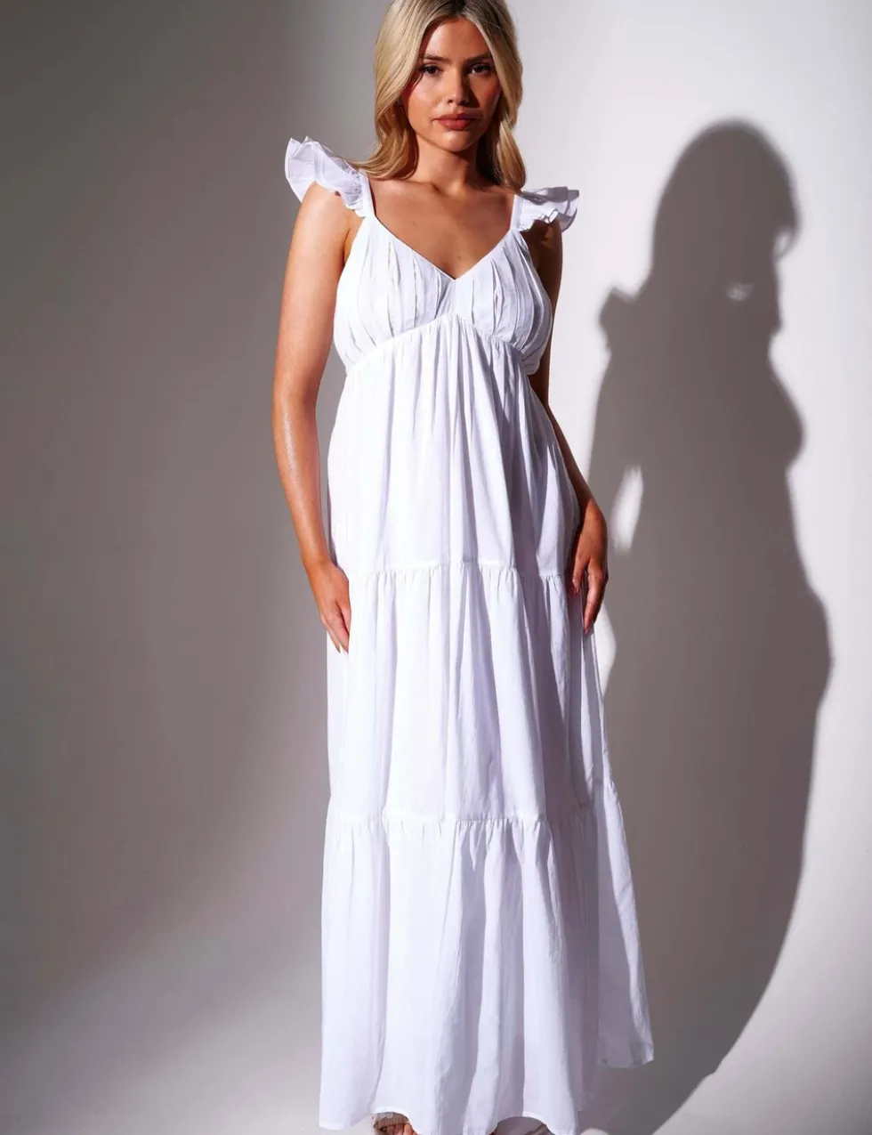 Pure Cotton Frill Sleeve Maxi Tiered Beach Dress