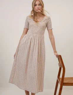 Pure Cotton Geometric Midi Waisted Dress