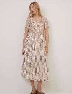 Pure Cotton Geometric Midi Waisted Dress