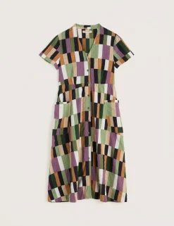 Pure Cotton Geometric V-Neck Midi Shirt Dress