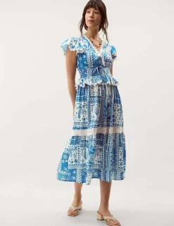 Pure Cotton Geometric V-Neck Midi Dress