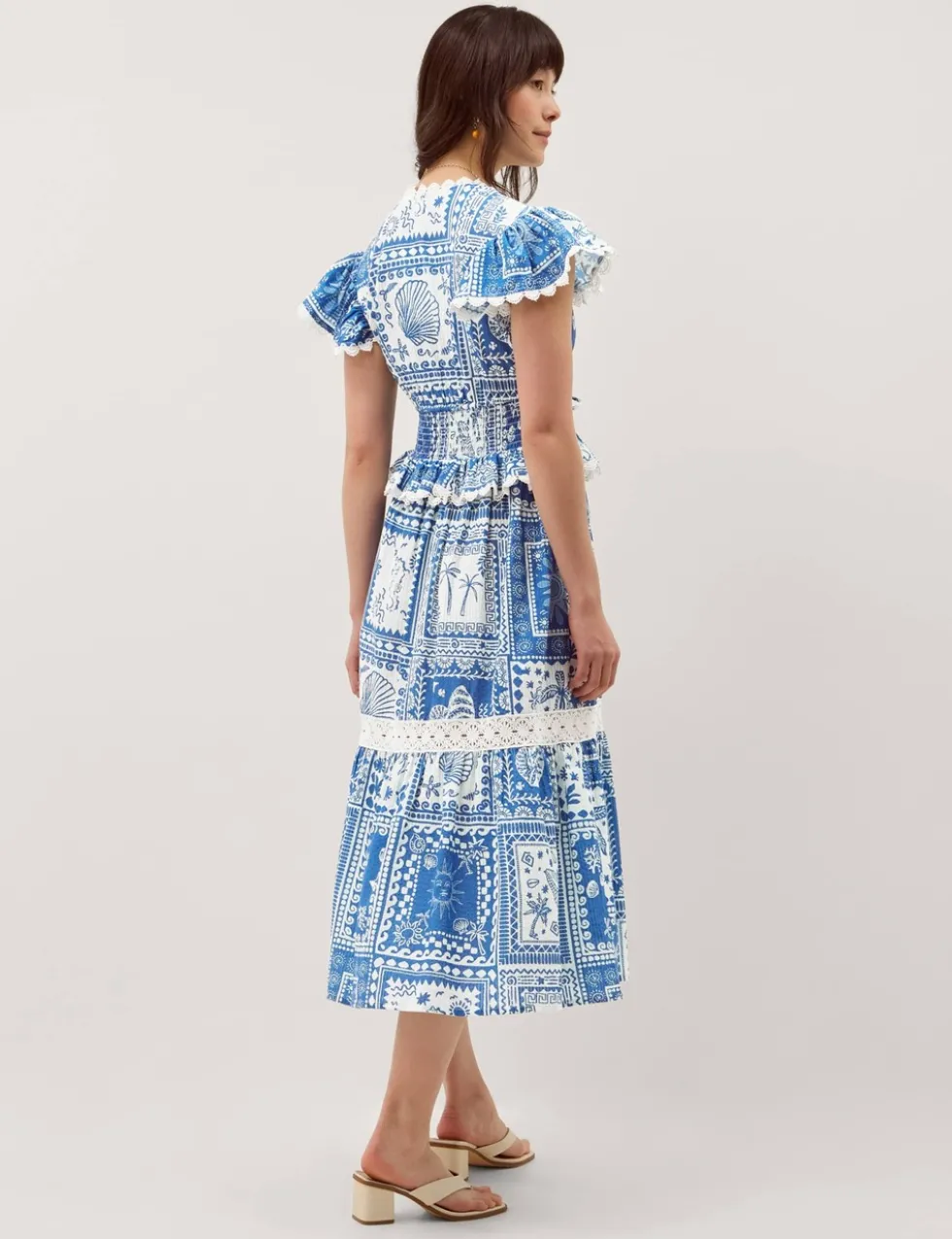 Pure Cotton Geometric V-Neck Midi Dress