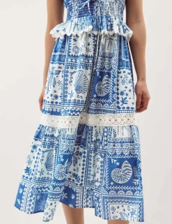 Pure Cotton Geometric V-Neck Midi Dress