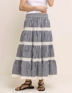 Pure Cotton Gingham Midi Tiered Skirt