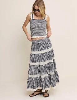 Pure Cotton Gingham Midi Tiered Skirt