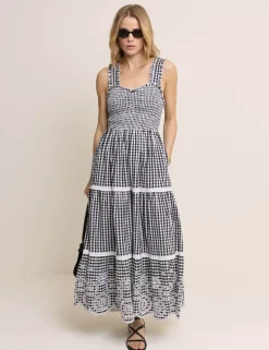 Pure Cotton Gingham Midi Tiered Dress
