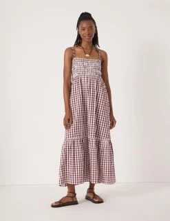 Pure Cotton Gingham Midi Shirred Beach Dress