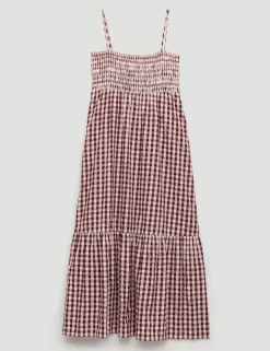 Pure Cotton Gingham Midi Shirred Beach Dress