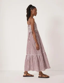 Pure Cotton Gingham Midi Shirred Beach Dress