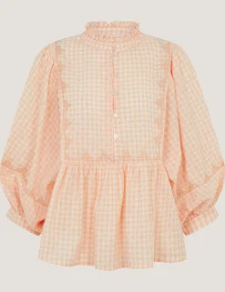 Pure Cotton Gingham Ruffle High Neck Shirt