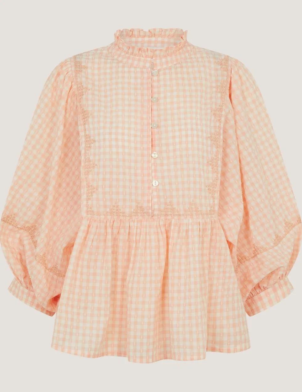 Pure Cotton Gingham Ruffle High Neck Shirt