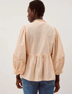 Pure Cotton Gingham Ruffle High Neck Shirt