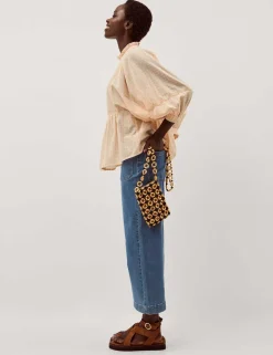 Pure Cotton Gingham Ruffle High Neck Shirt