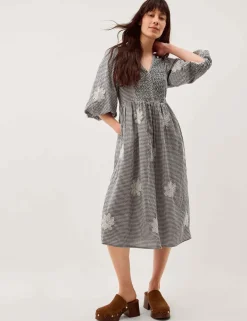 Pure Cotton Gingham V-Neck Midi Smock Dress