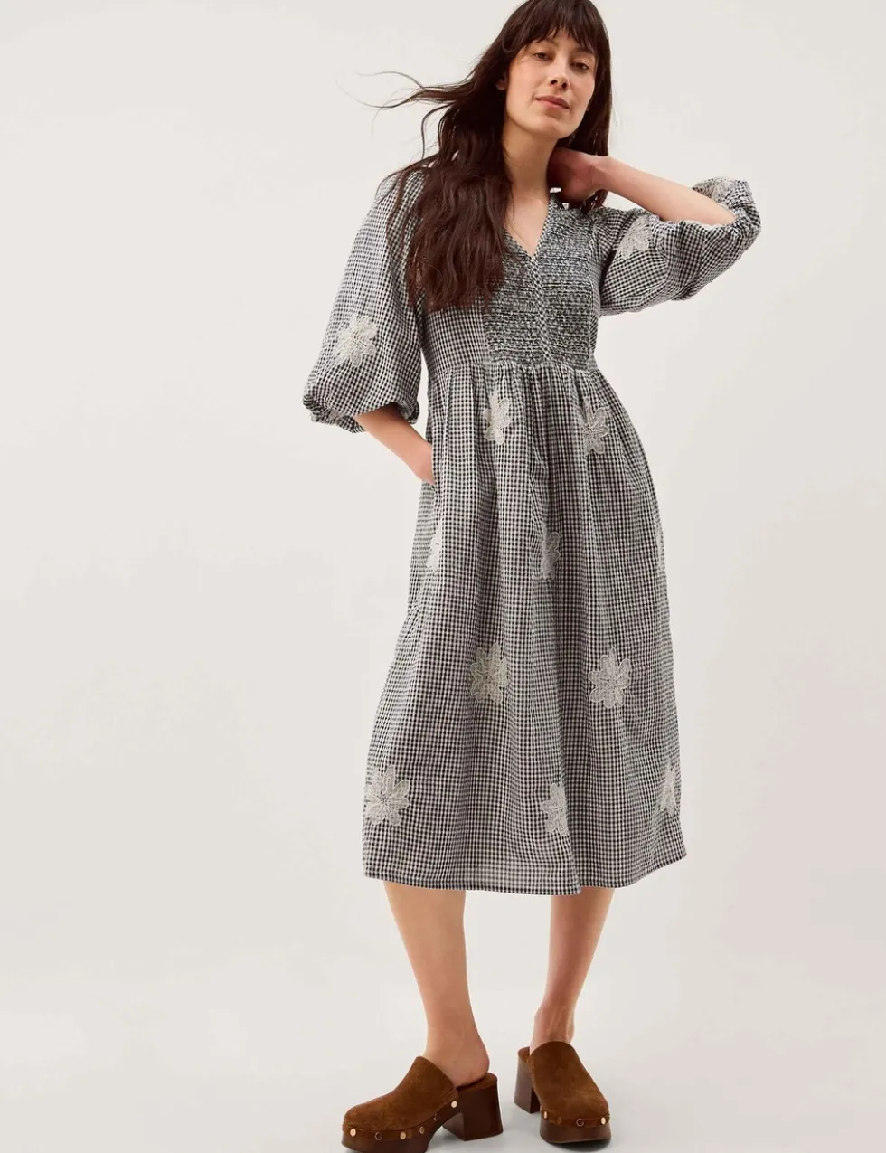 Pure Cotton Gingham V-Neck Midi Smock Dress