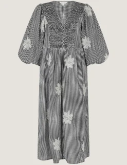 Pure Cotton Gingham V-Neck Midi Smock Dress