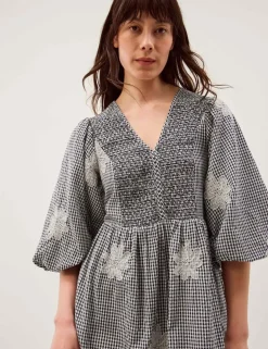 Pure Cotton Gingham V-Neck Midi Smock Dress