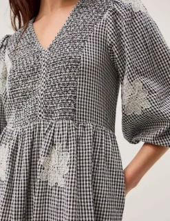 Pure Cotton Gingham V-Neck Midi Smock Dress