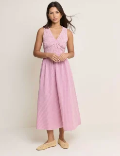 Pure Cotton Gingham V-Neck Midi Dress