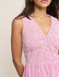 Pure Cotton Gingham V-Neck Midi Dress