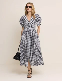 Pure Cotton Gingham V-Neck Midi Tea Dress