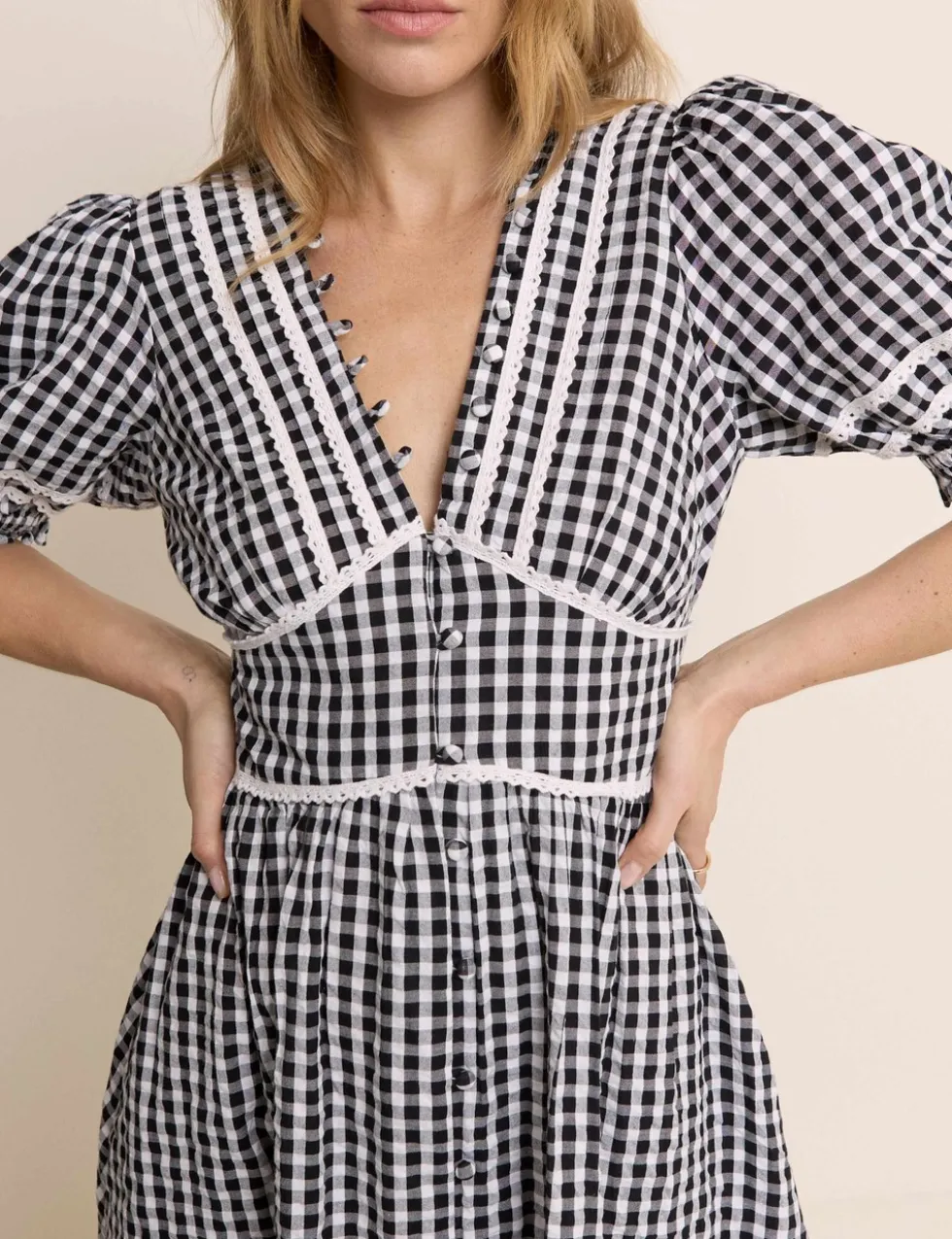 Pure Cotton Gingham V-Neck Midi Tea Dress