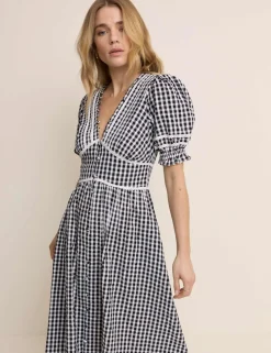Pure Cotton Gingham V-Neck Midi Tea Dress