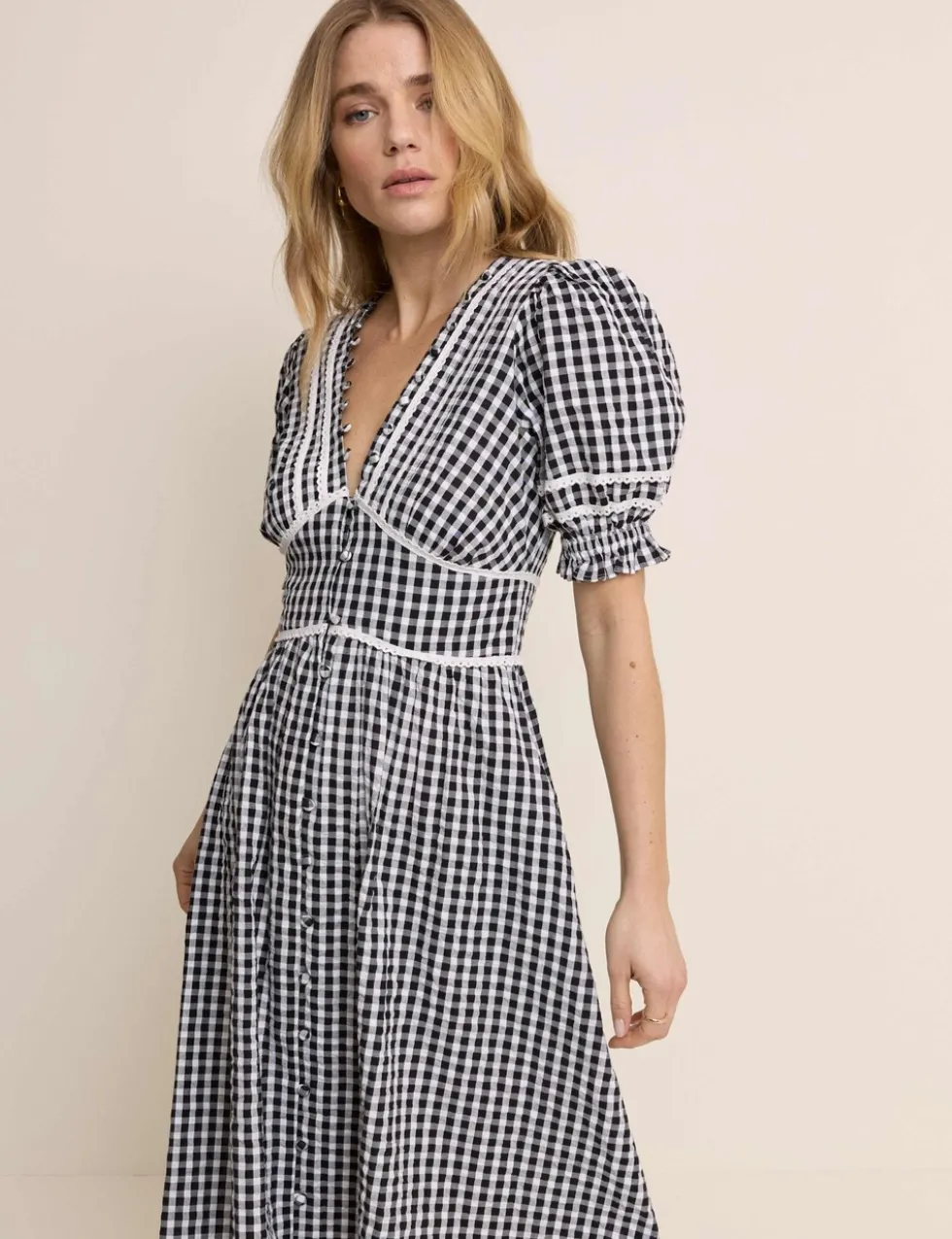 Pure Cotton Gingham V-Neck Midi Tea Dress
