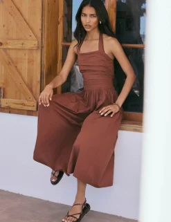 Pure Cotton Halter Neck Midi Waisted Dress