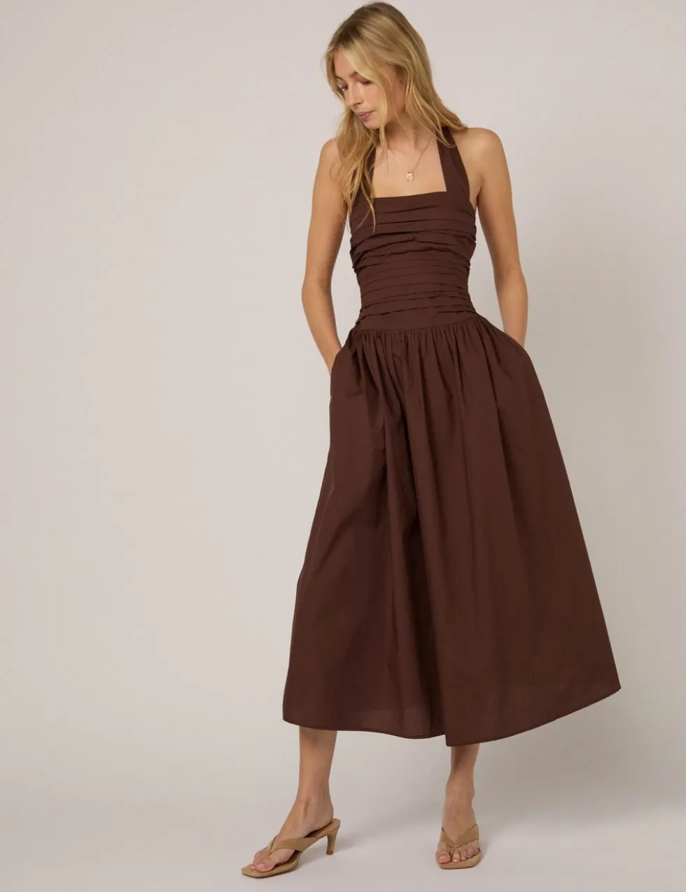 Pure Cotton Halter Neck Midi Waisted Dress