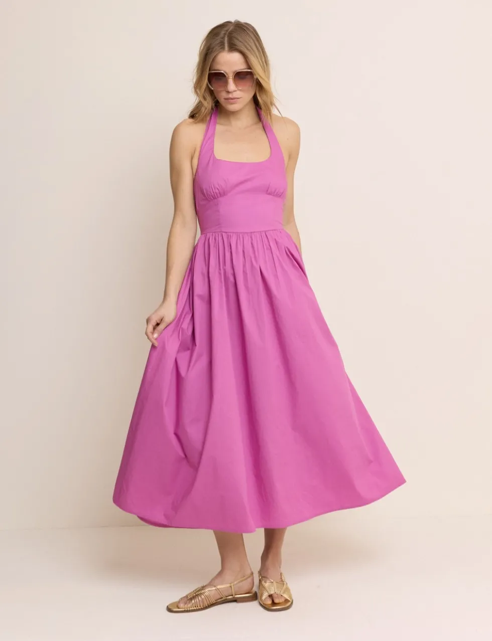 Pure Cotton Halter Neck Midi Skater Dress