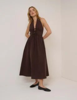 Pure Cotton Halter Neck Striped Midi Dress