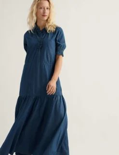 Pure Cotton High Neck Midi Tiered Dress