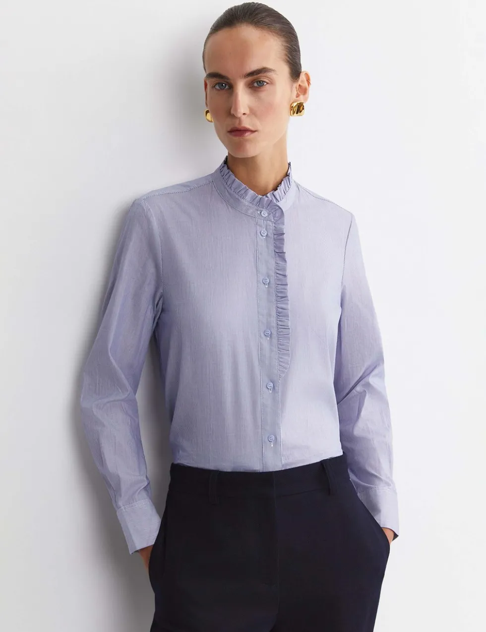 Pure Cotton High Neck Ruffle Blouse