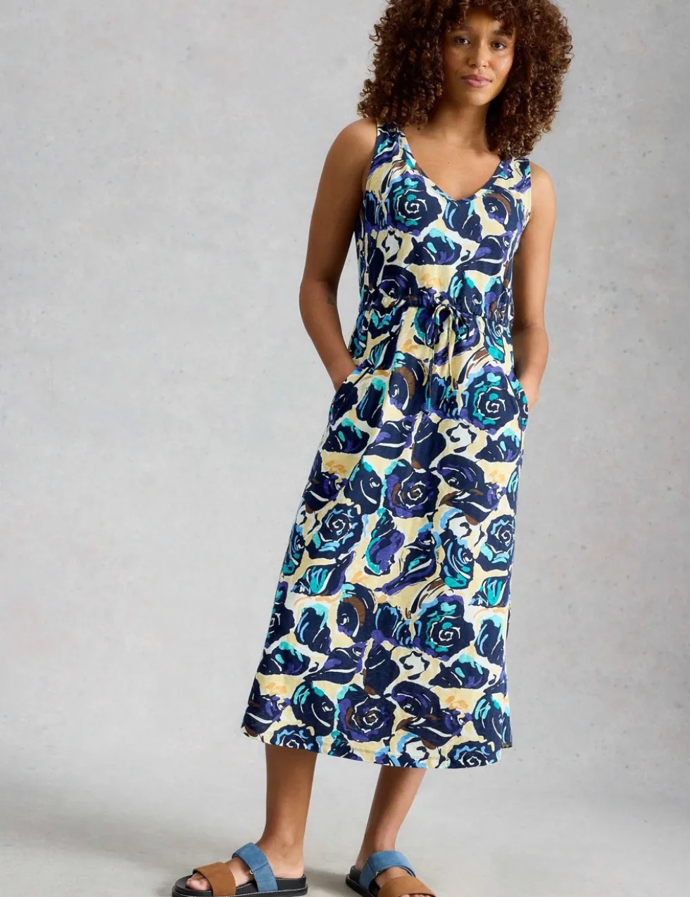 Pure Cotton Jersey Printed Midi Waisted Dress