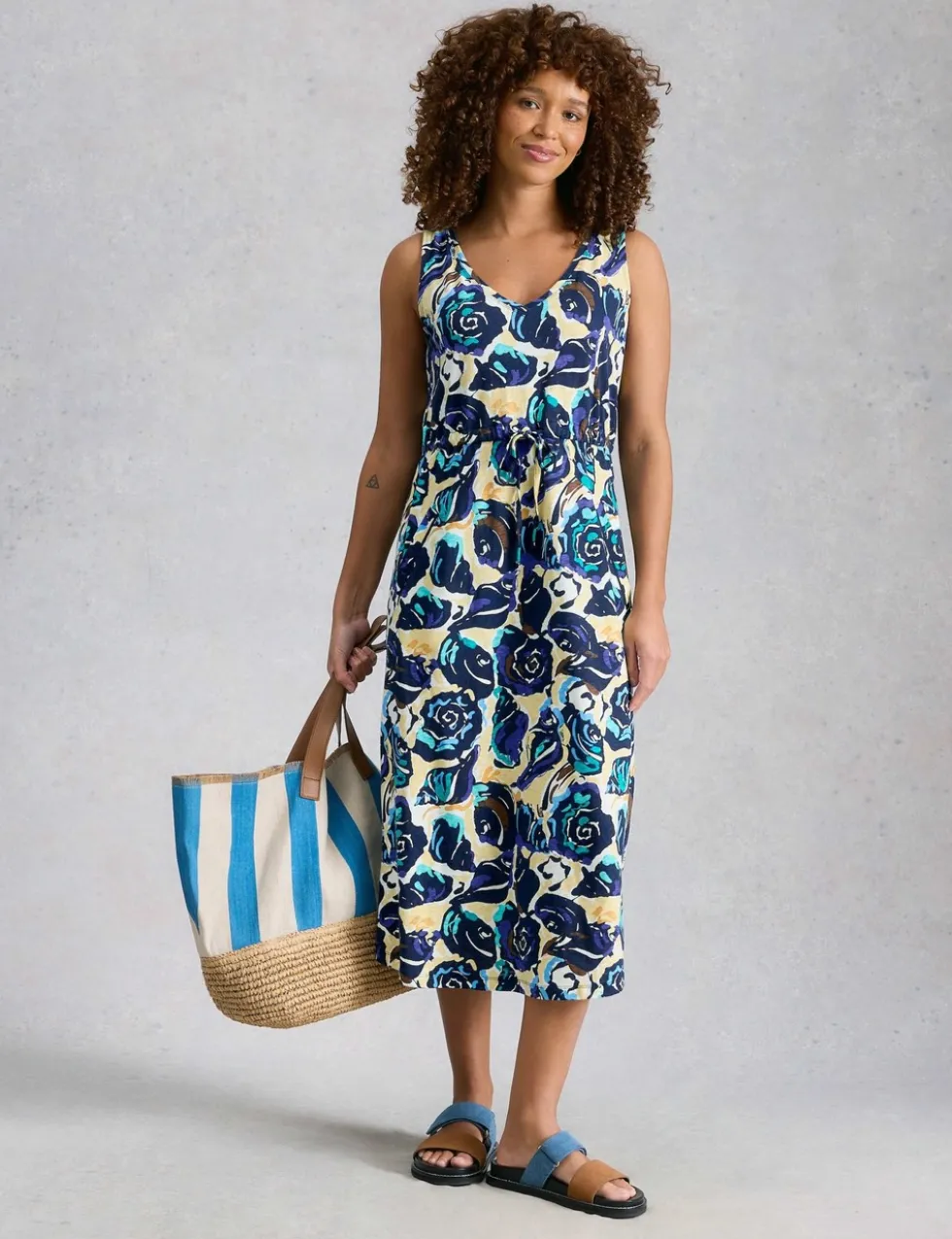 Pure Cotton Jersey Printed Midi Waisted Dress