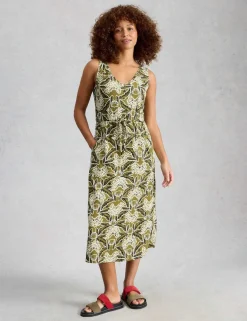 Pure Cotton Jersey Printed Midi Waisted Dress
