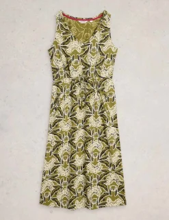 Pure Cotton Jersey Printed Midi Waisted Dress