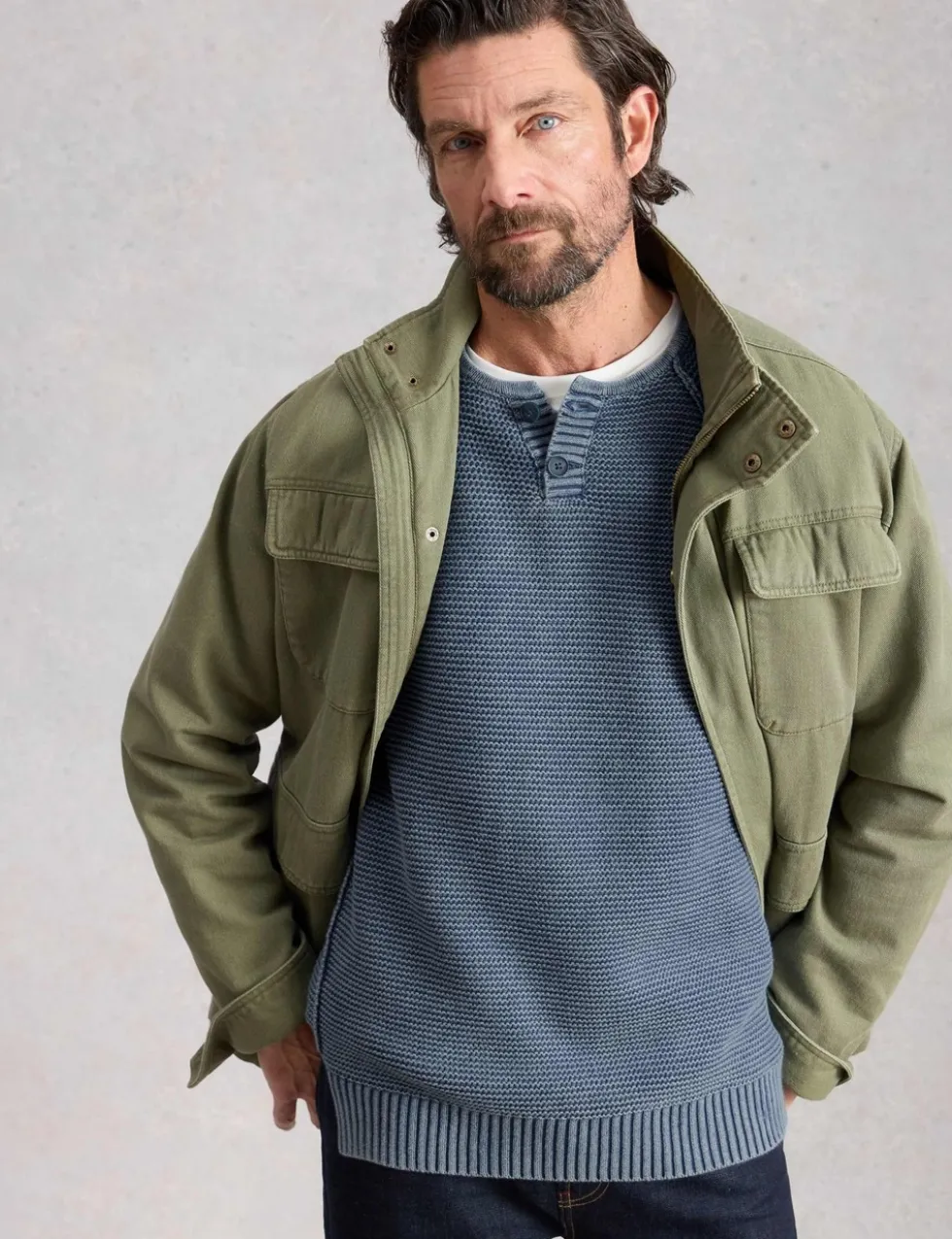 Pure Cotton Knitted Henley Jumper