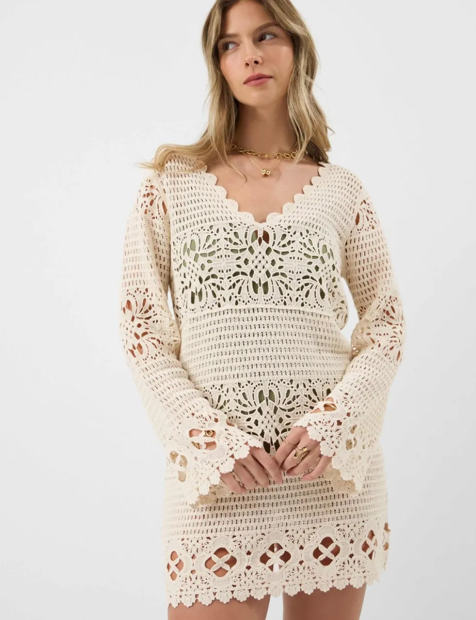 Pure Cotton Knitted V-Neck Mini Beach Dress
