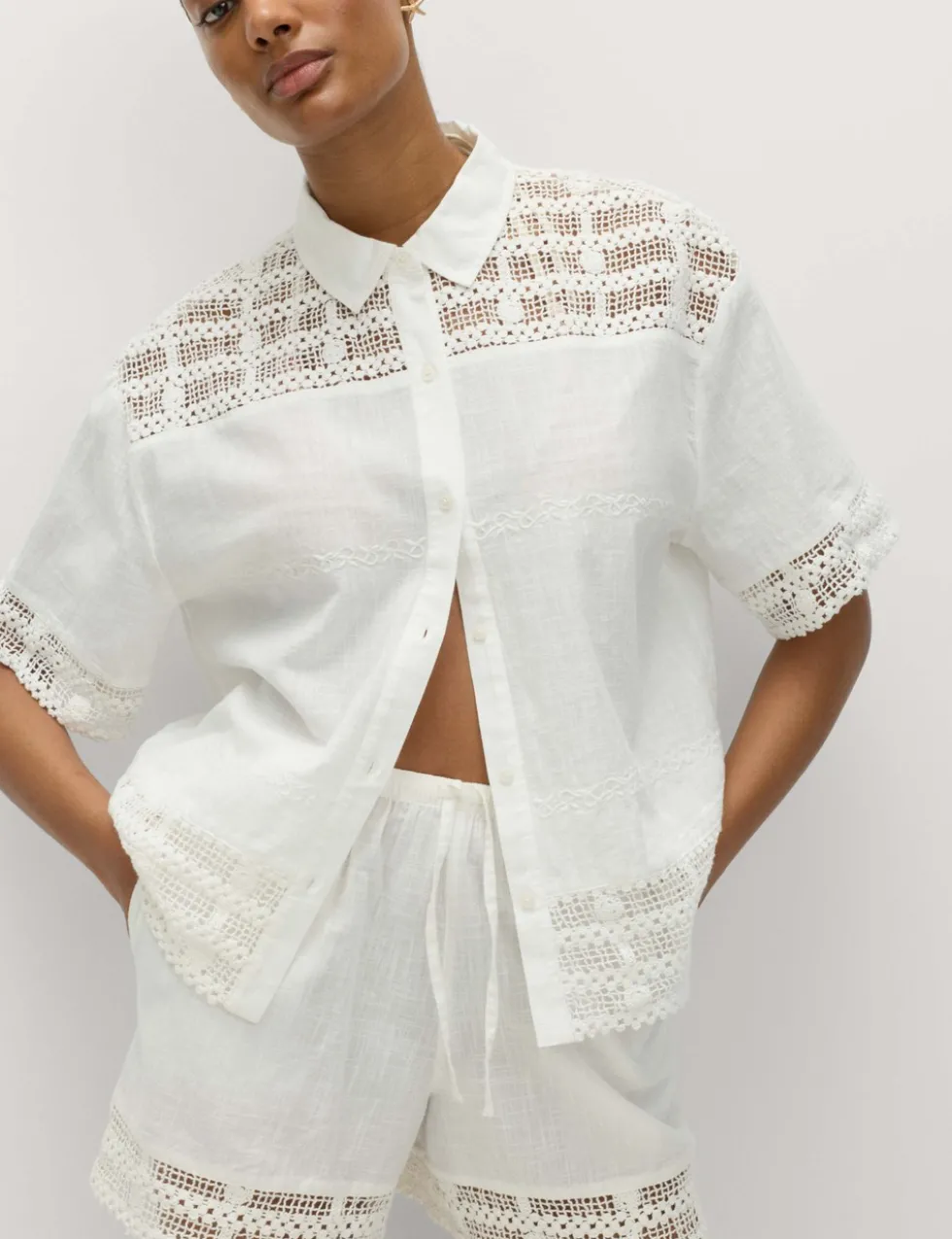 Pure Cotton Lace Insert Short Sleeve Shirt